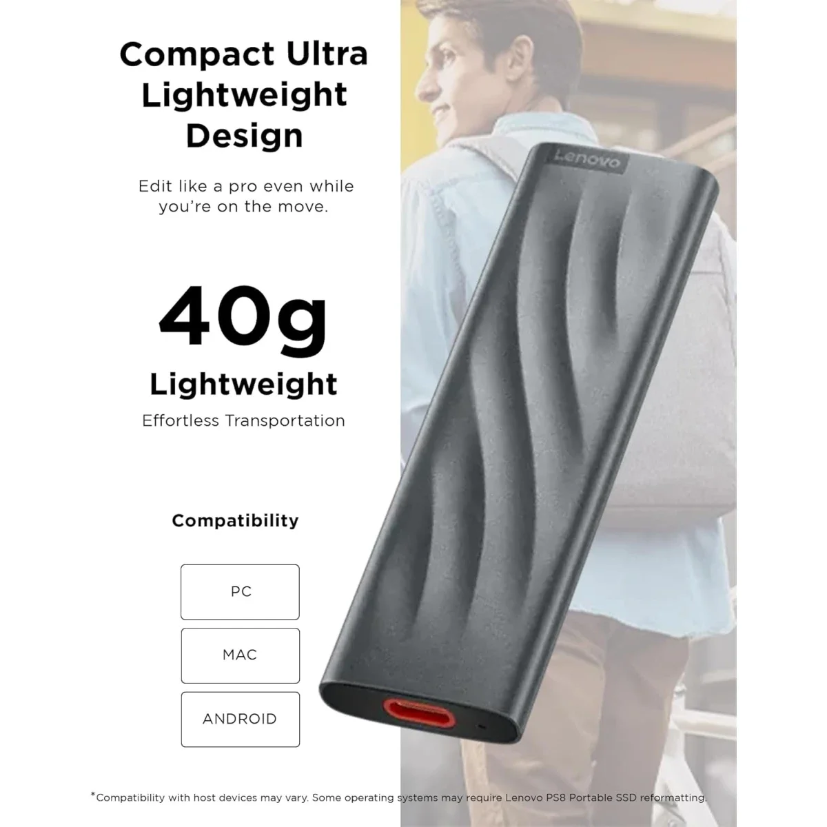 وحدة SSD خارجية محمولة Lenovo PS8 سعة 1 تيرابايت USB 3.2 Gen 2، رمادي عاصف - Thumbnail 4
