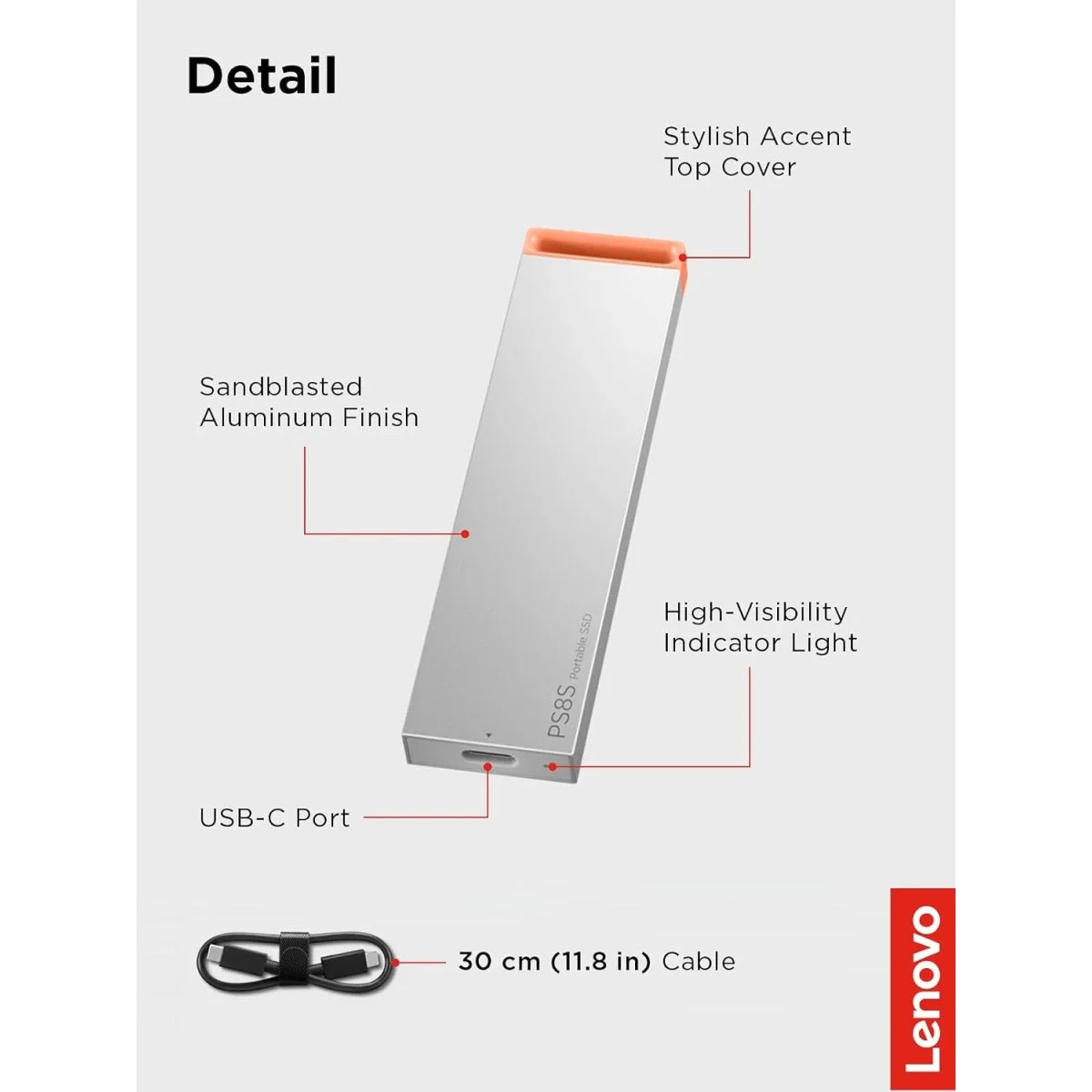وحدة تخزين SSD محمولة Lenovo PS8S بسعة 1TB وUSB 3.2 Gen 2 - رمادي بارد - Image 6