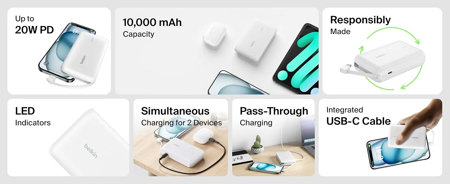 بطارية محمولة Belkin BoostCharge بسعة 10000mAh مع كابل USB-C مدمج وشحن PD بقدرة 20W - أبيض - Thumbnail 9