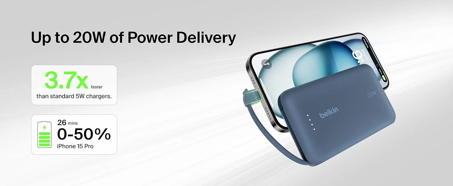 باور بانك Belkin BoostCharge بسعة 10000mAh مع كابل USB-C مدمج وشحن PD بقوة 20W - أزرق - Thumbnail 14
