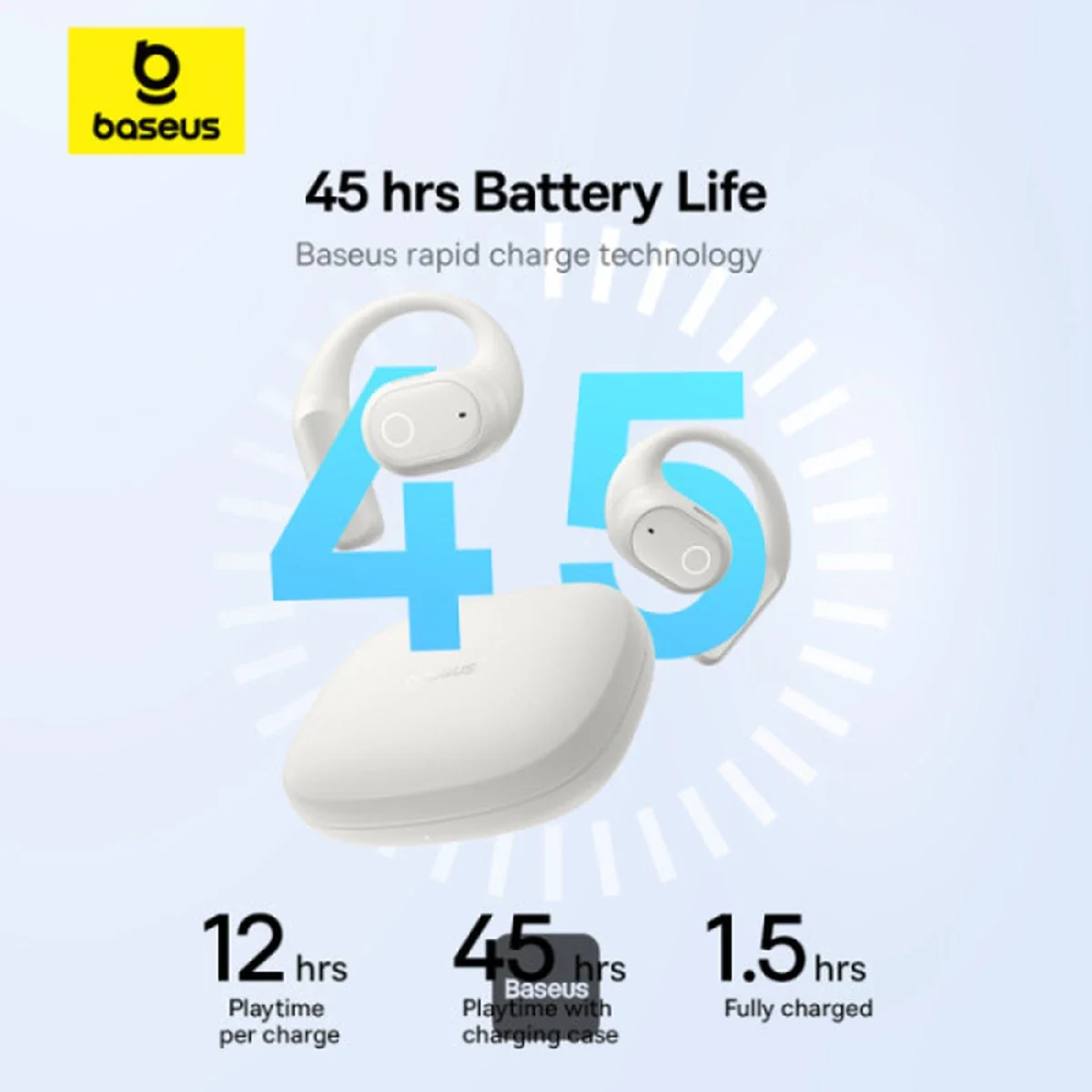 Baseus Eli 10i Fit Open-Ear TWS Earbuds Bluetooth 5.4, 16.2mm Drivers, 45H Battery, Stellar White - Thumbnail 5