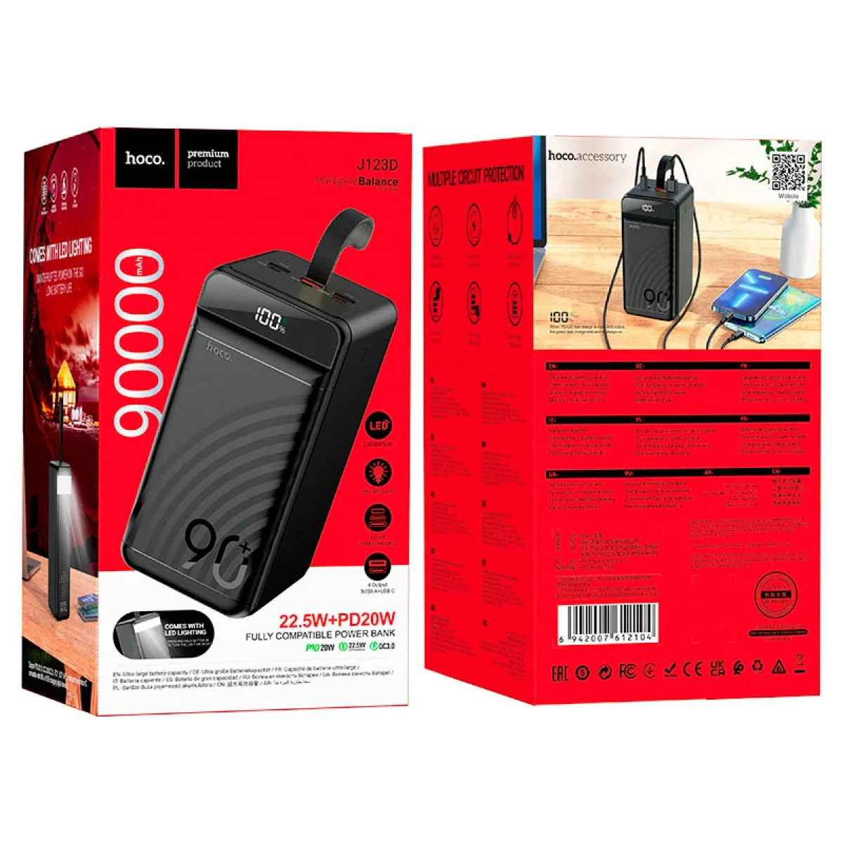HOCO J123D 90,000mAh Power Bank with 22.5W Fast Charging, PD 20W and LED Display - Thumbnail 7