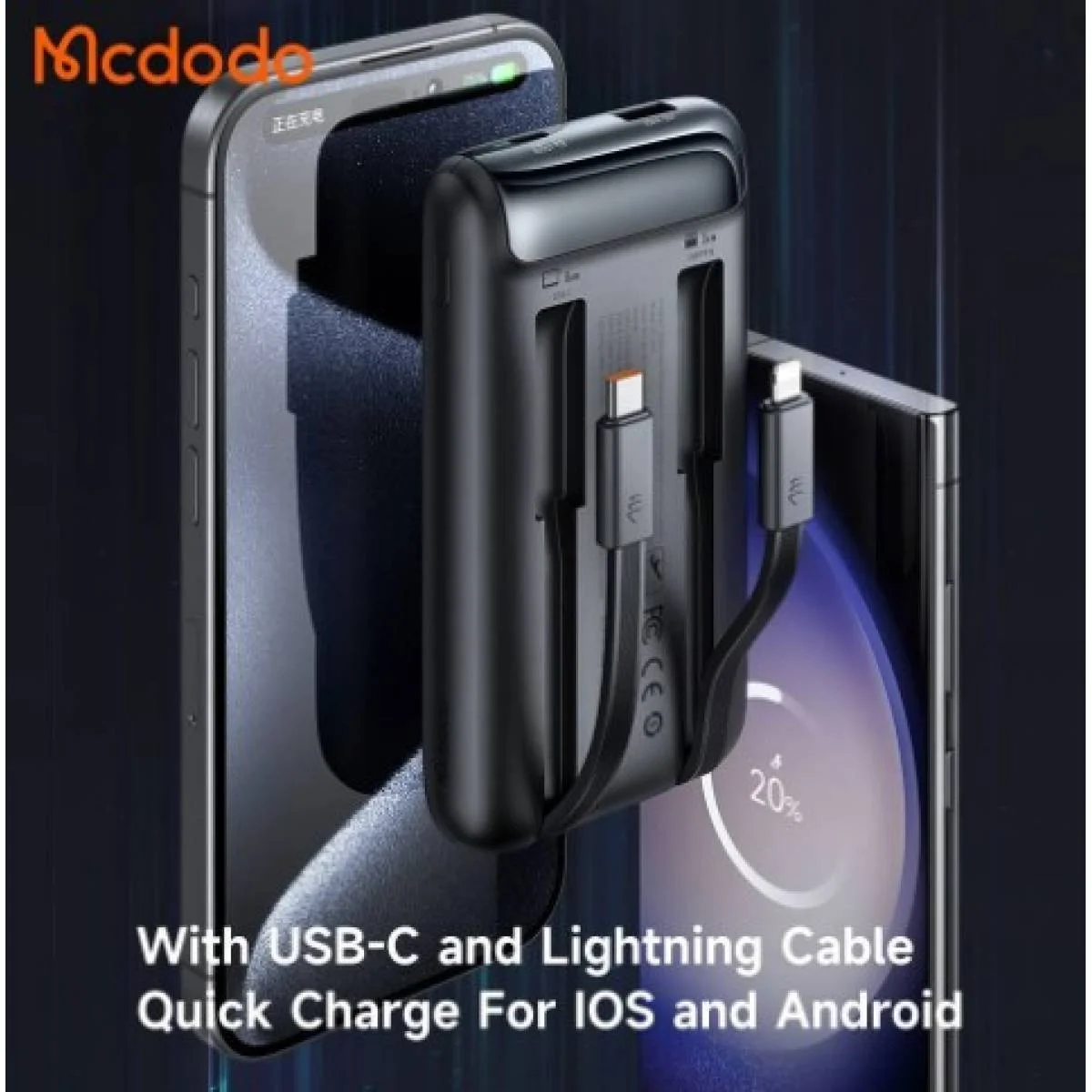 Mcdodo MC-0231 10000mAh 33W Power Bank with Built-In Cables and Digital Display - Black - Image 4