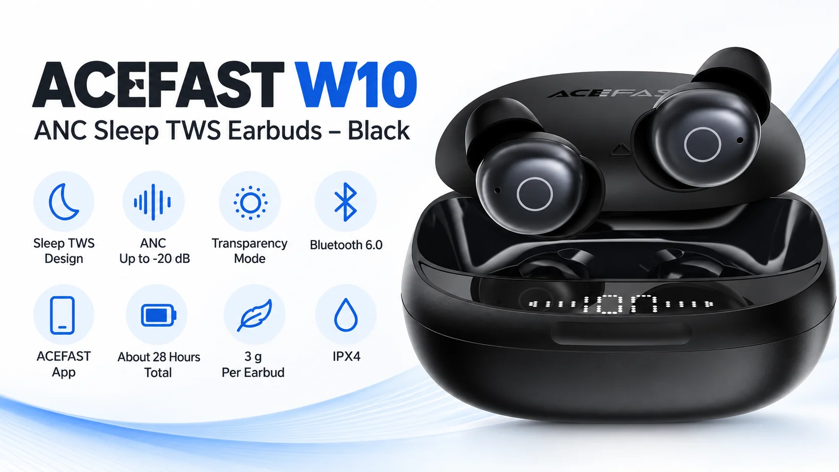 سماعات أذن ACEFAST W10 لاسلكية TWS للنوم مع ANC - أسود - Image 9