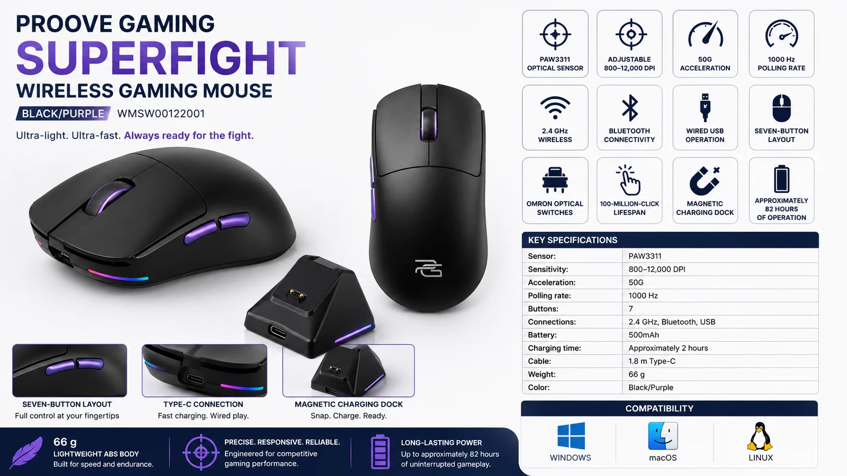 Proove Gaming Superfight Wireless Tri-Mode Gaming Mouse 12000 DPI with Charging Dock - Black/Purple (WMSW00122001) - Thumbnail 10