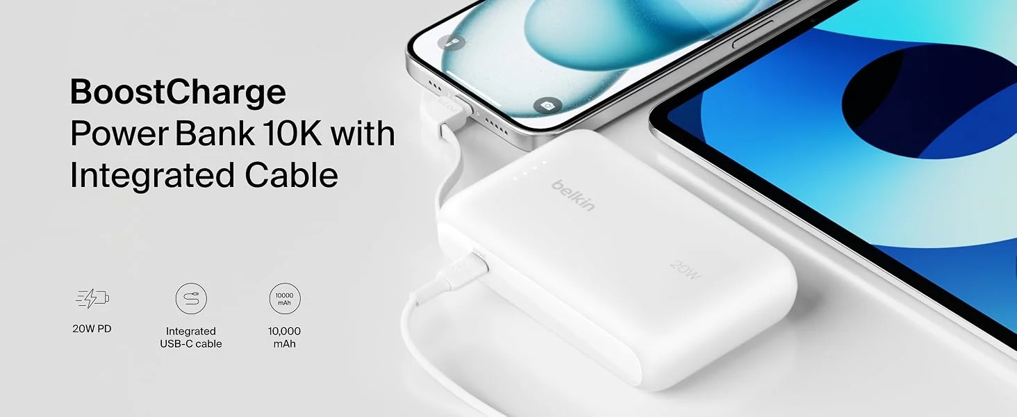 بطارية محمولة Belkin BoostCharge بسعة 10000mAh مع كابل USB-C مدمج وشحن PD بقدرة 20W - أبيض - Thumbnail 8