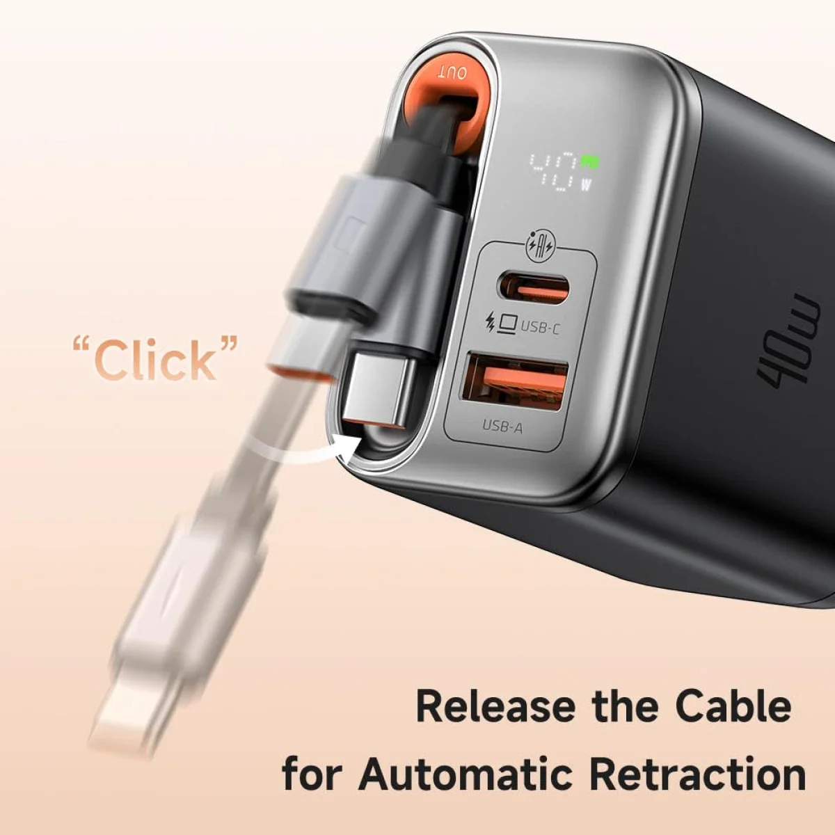 Mcdodo CH-4280 40W GaN5 USB-C Charger with Retractable Cable, Dual USB Ports, LED Display - Black - Thumbnail 2