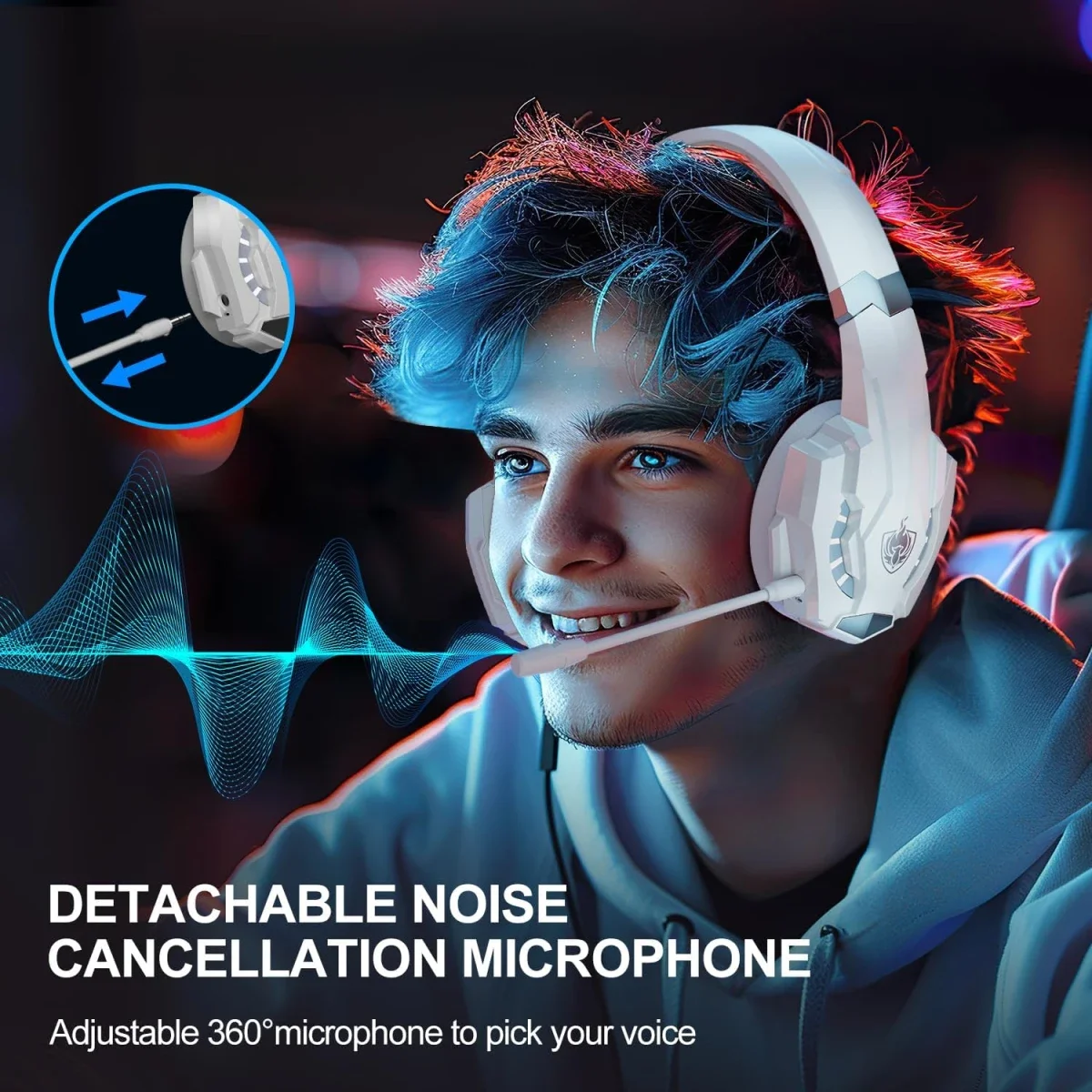 PHOINIKAS Wireless Gaming Headset with Detachable Mic, 2.4G, 7.1 Sound, White - Image 6