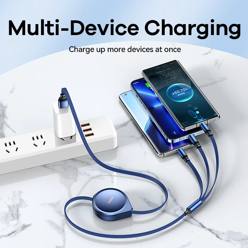 كيبل شحن سريع Remax Drip Series RC-C018 قابل للسحب 3 في 1 بقدرة 15 واط وطول 120 سم – USB إلى آيفون وType-C وMicro USB - Image 2