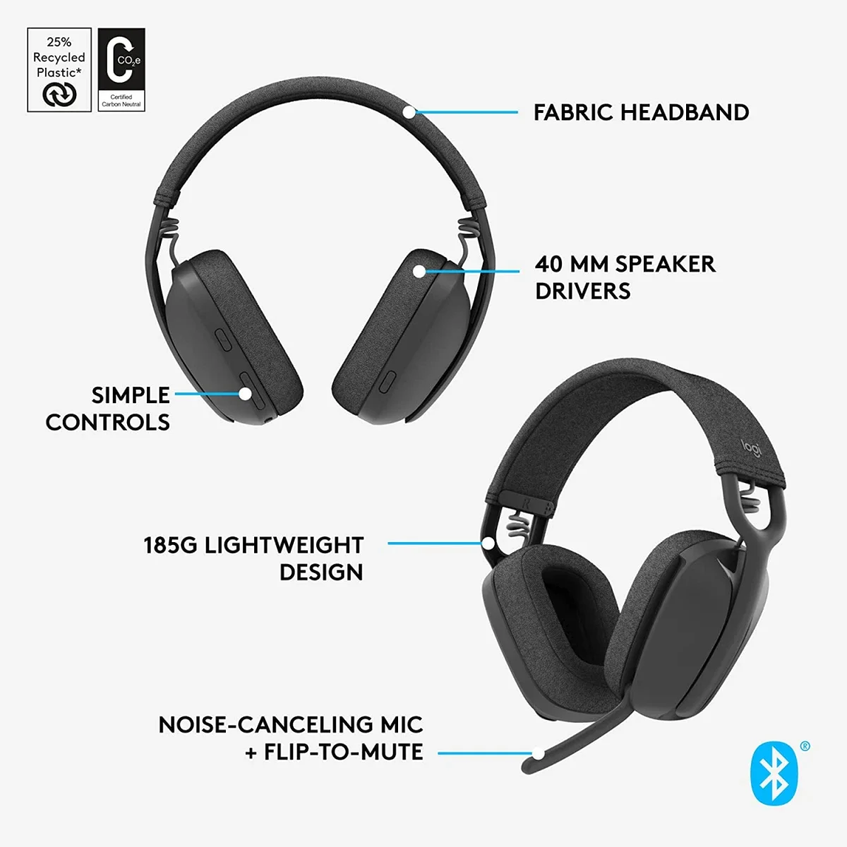 سماعة رأس Logitech Zone Vibe 100 خفيفة الوزن بتقنية Bluetooth وميكروفون عازل للضوضاء - Graphite - Thumbnail 7