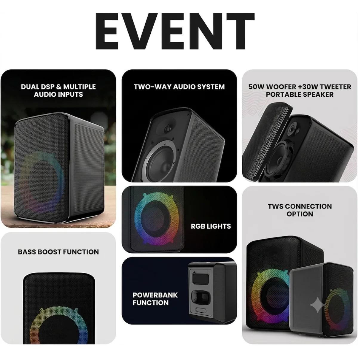 سماعة محمولة HiFuture Event بقوة 80 واط مع DSP مزدوج وإضاءة RGB وباور بانك - Image 3