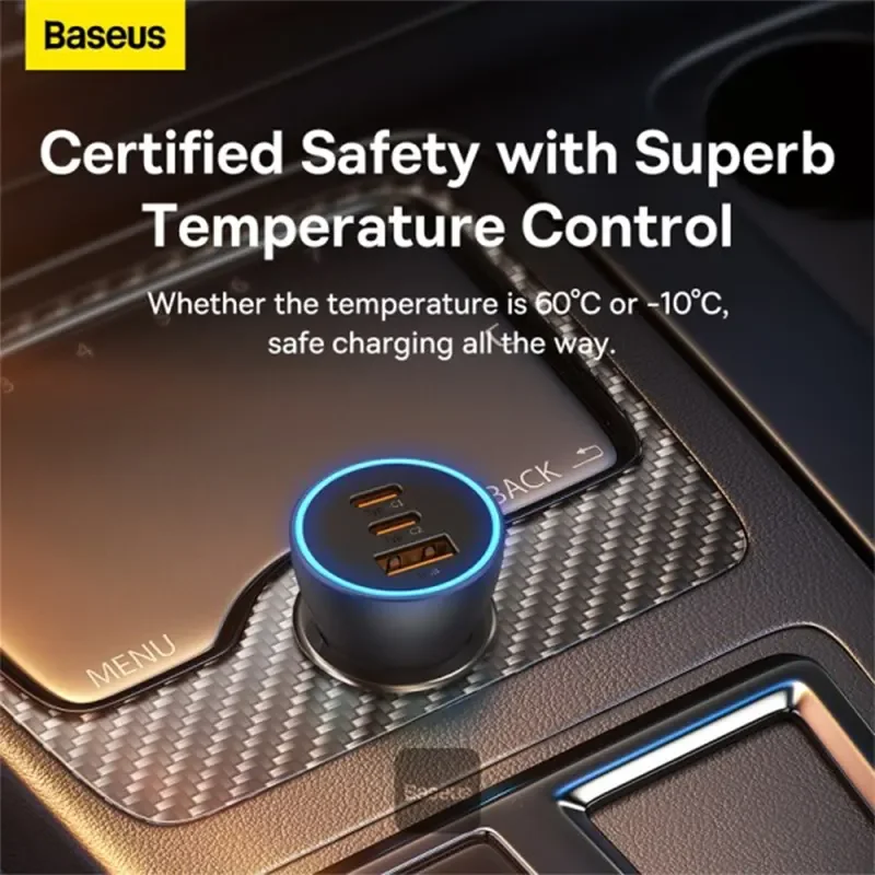 شاحن سيارة Baseus Golden Contactor Pro بقدرة 65W مع USB-A ومنفذين USB-C – رمادي داكن - Thumbnail 2