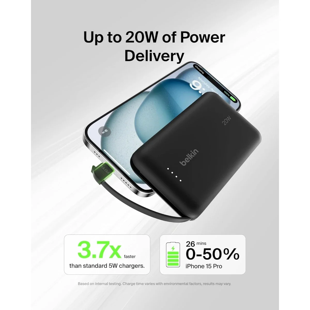 بطارية محمولة Belkin BoostCharge بسعة 10000mAh مع كابل USB-C مدمج وشحن PD بقوة 20W - أسود - Thumbnail 3
