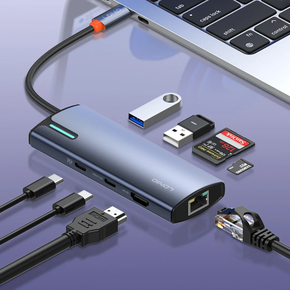 محطة إرساء LDNIO DS-18H ‏8 في 1 بمنفذ USB-C مع 100W PD و4K HDMI وRJ45 وSD/TF - رمادي - Thumbnail 3