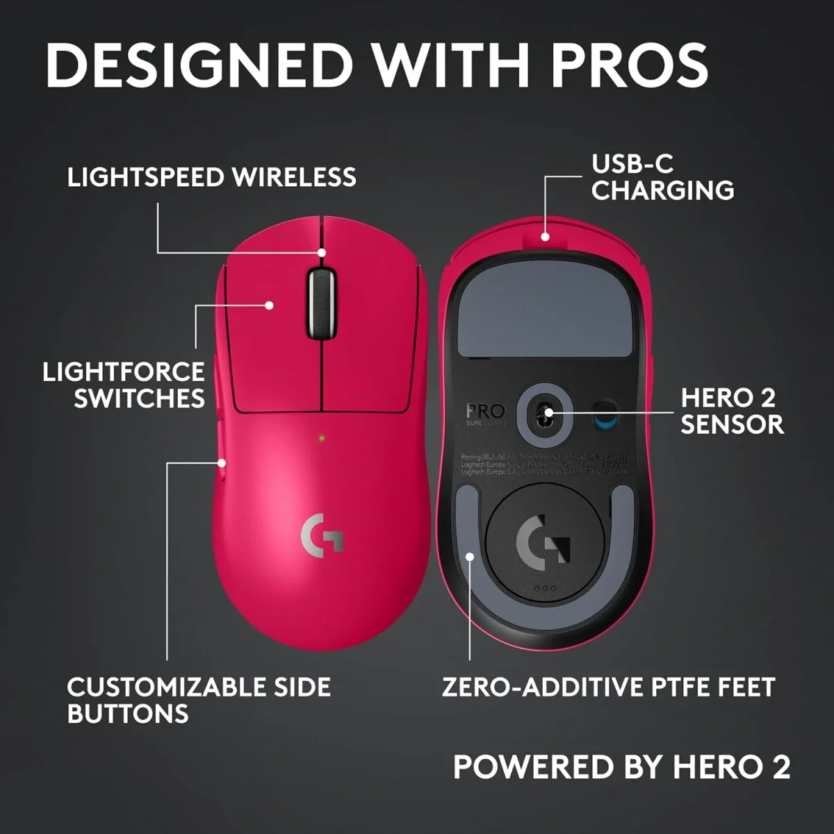 ماوس ألعاب لاسلكي Logitech G PRO X SUPERLIGHT 2c بدقة 44K DPI، ماجنتا - Thumbnail 6