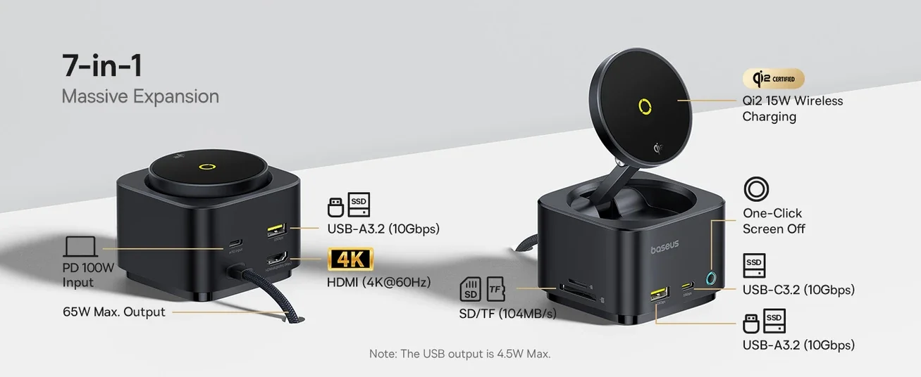 موزع USB-C Baseus MagPro Series II 7 في 1 مع شاحن لاسلكي Qi2 بقدرة 15W ومنفذ HDMI بدقة 4K@60Hz وشحن PD بقدرة 100W وسرعة 10Gbps وقارئ بطاقات SD - أسود - Image 11