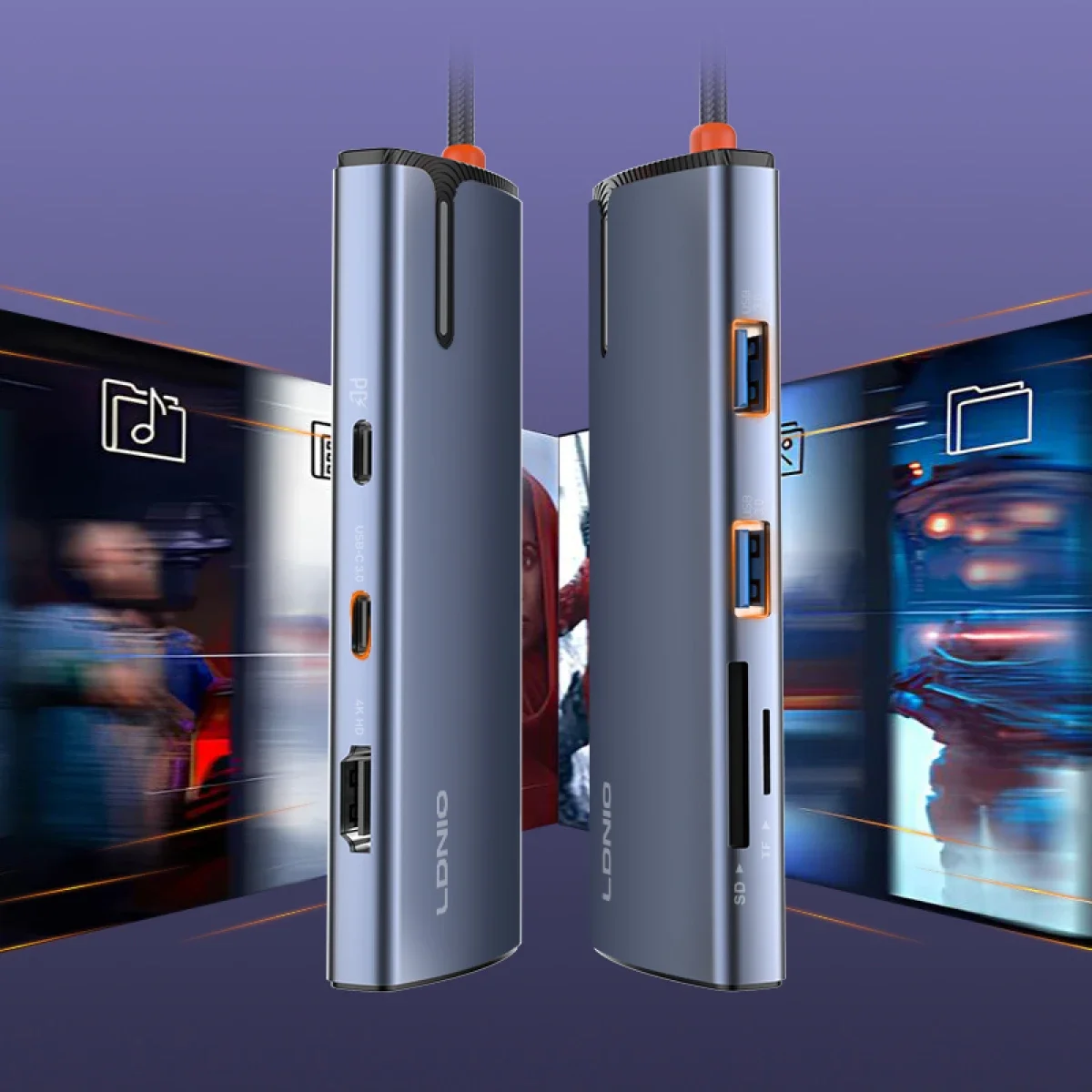 محطة إرساء LDNIO DS-18H ‏8 في 1 بمنفذ USB-C مع 100W PD و4K HDMI وRJ45 وSD/TF - رمادي - Thumbnail 2