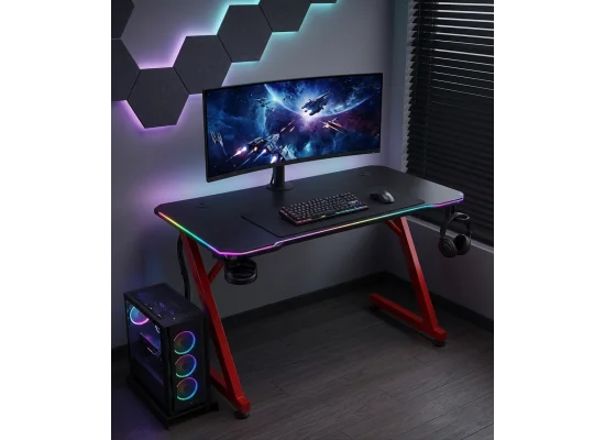 مكتب ألعاب Marvo DE-11 بإضاءة RGB وسطح 120 سم بتصميم ألياف الكربون وهيكل فولاذي، أسود وأحمر - Image 6