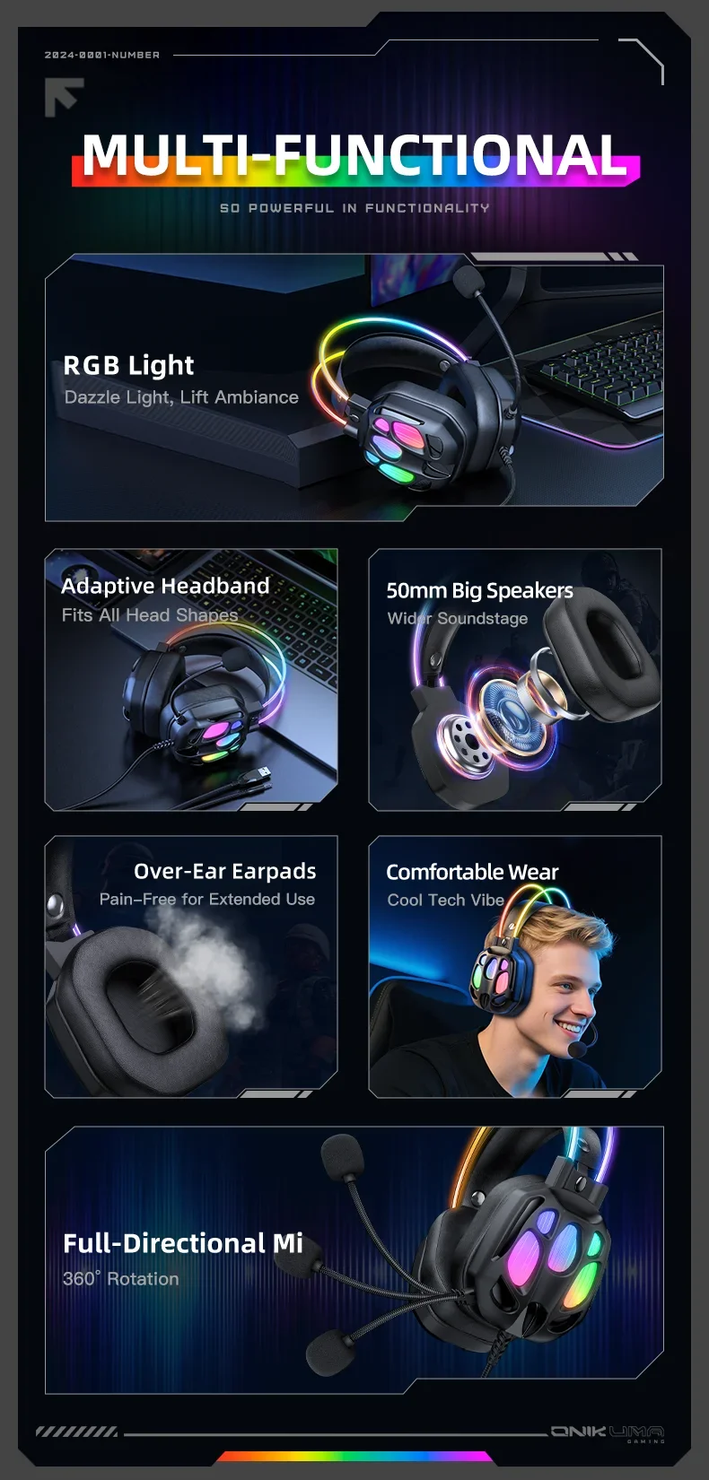 ONIKUMA X89 Gaming Headset with 3.5mm Jack, Surround Sound and RGB Lighting - Black - Thumbnail 10