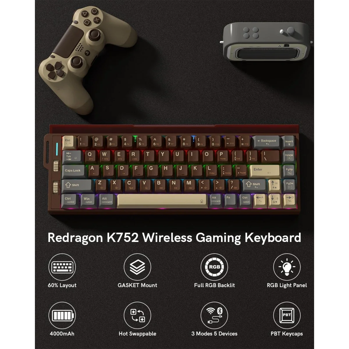 Redragon K752 60% Tri-Mode Wireless Mechanical Gaming Keyboard with RGB - Thumbnail 2
