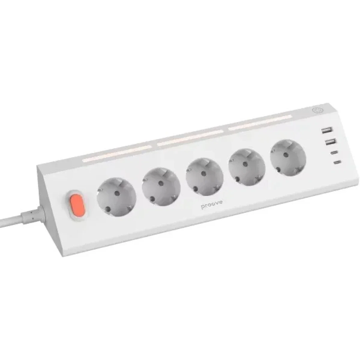 Proove Prism Surge Protector Power Strip with 5 Sockets, 2 USB-C & 2 USB-A Ports - White