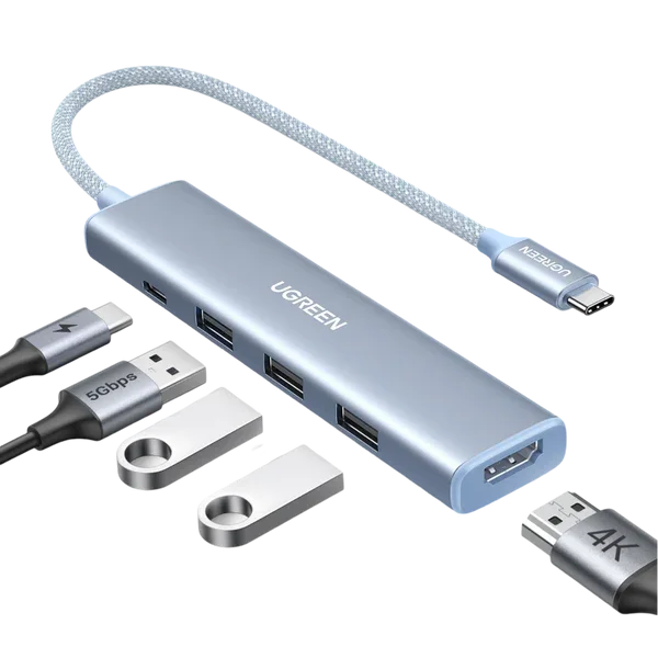 محول متعدد منافذ Ugreen 35581 USB-C الي 5 في 1 بدقه 4K 30Hz وقدره 100W PD مع 3 منافذ USB-A بسرعه 5Gbps ازرق
