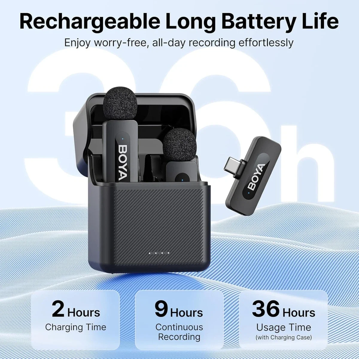 Boya BY-V30 Wireless Lavalier Microphone with USB-C Receiver, 36H Battery Life - Black - Image 4