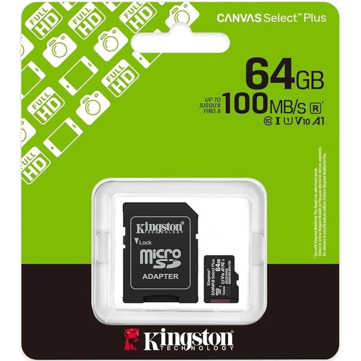 كرت ذاكرة Kingston Canvas Select Plus SDCS3 microSDXC سعة 64GB بسرعة تصل إلى 100MB/s مع محول - Image 1
