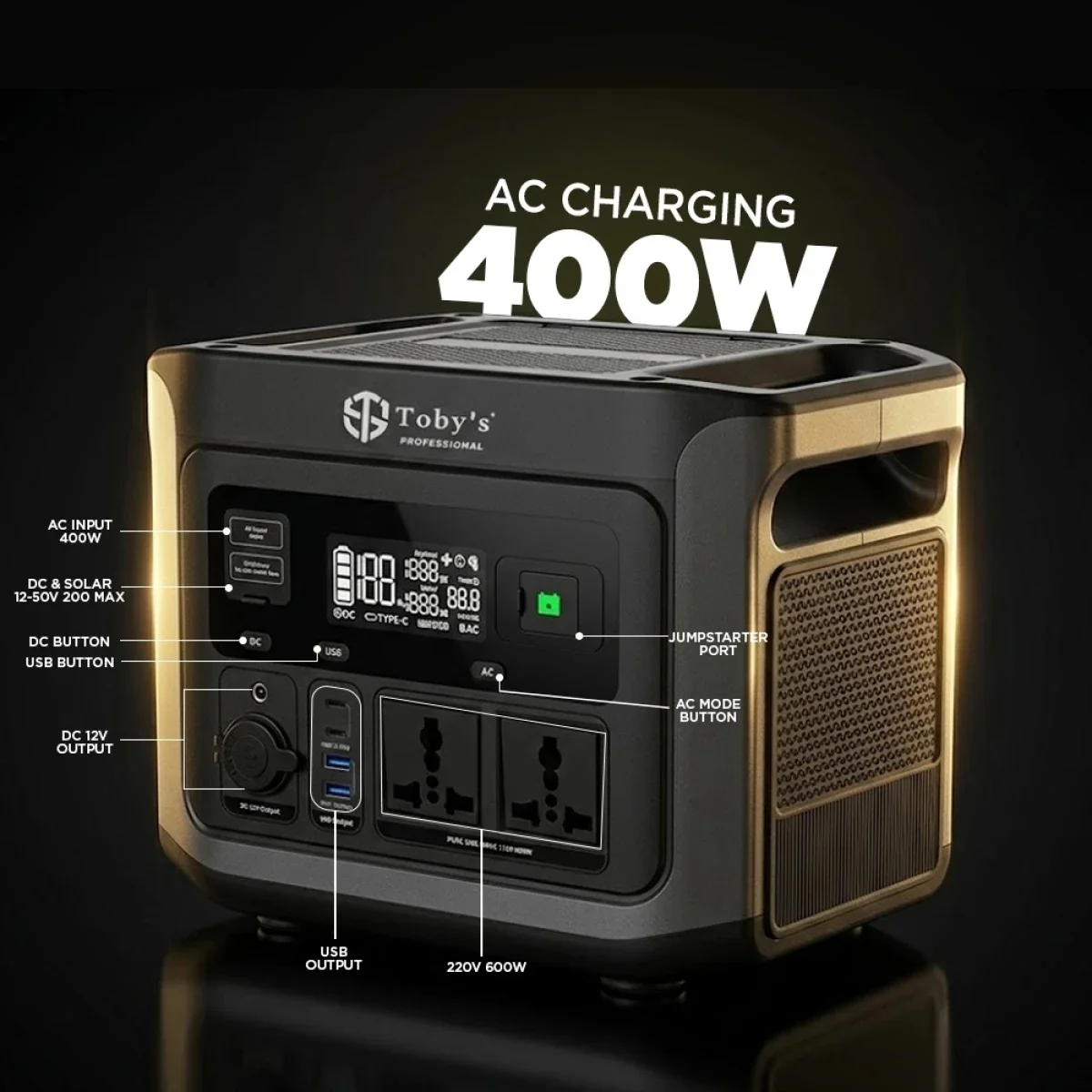 Toby's TBS-144A Portable Power Station 600W 144000mAh 460.8Wh with 220V AC Output - Black - Image 8