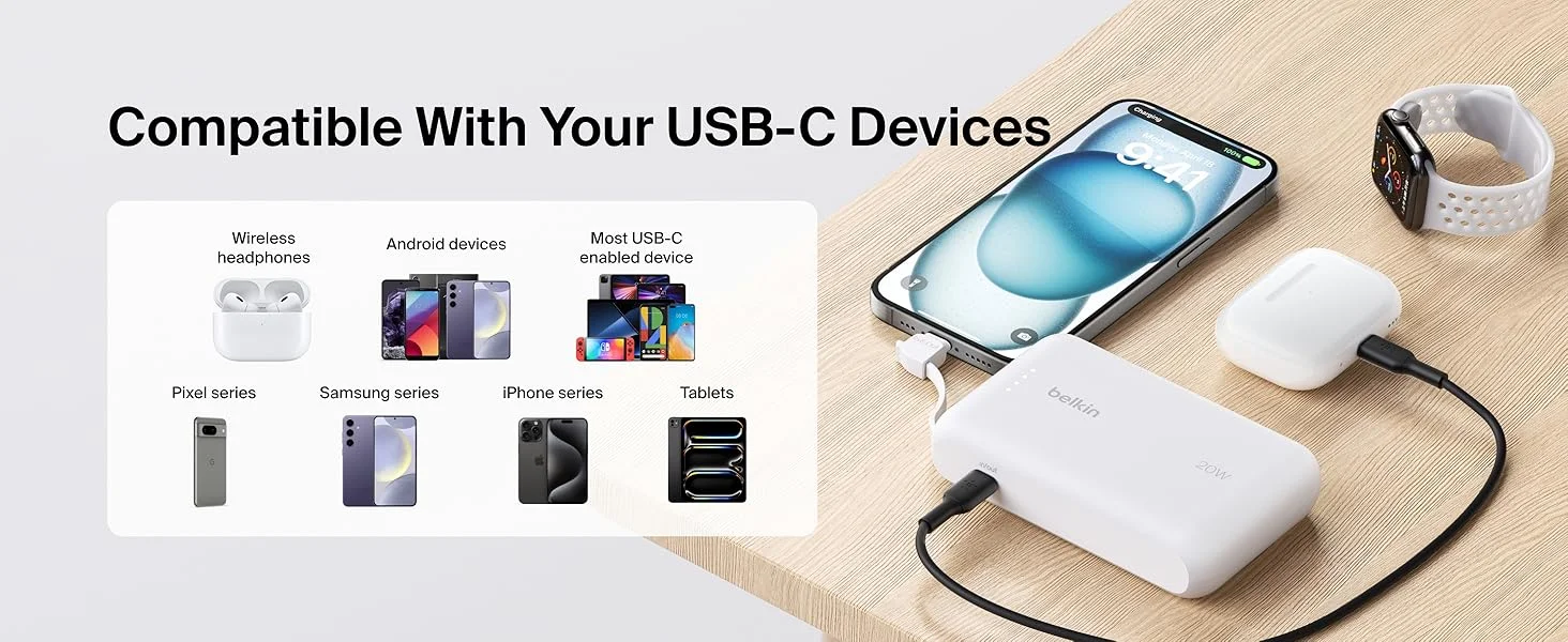 بطارية محمولة Belkin BoostCharge بسعة 10000mAh مع كابل USB-C مدمج وشحن PD بقدرة 20W - أبيض - Thumbnail 16