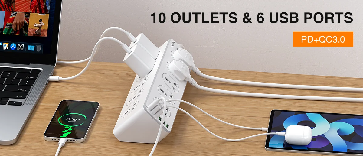 مشترك كهرباء ذكي LDNIO SC10610 بـ10 منافذ وشحن سريع PD 20W وكابل 2 متر - Image 7