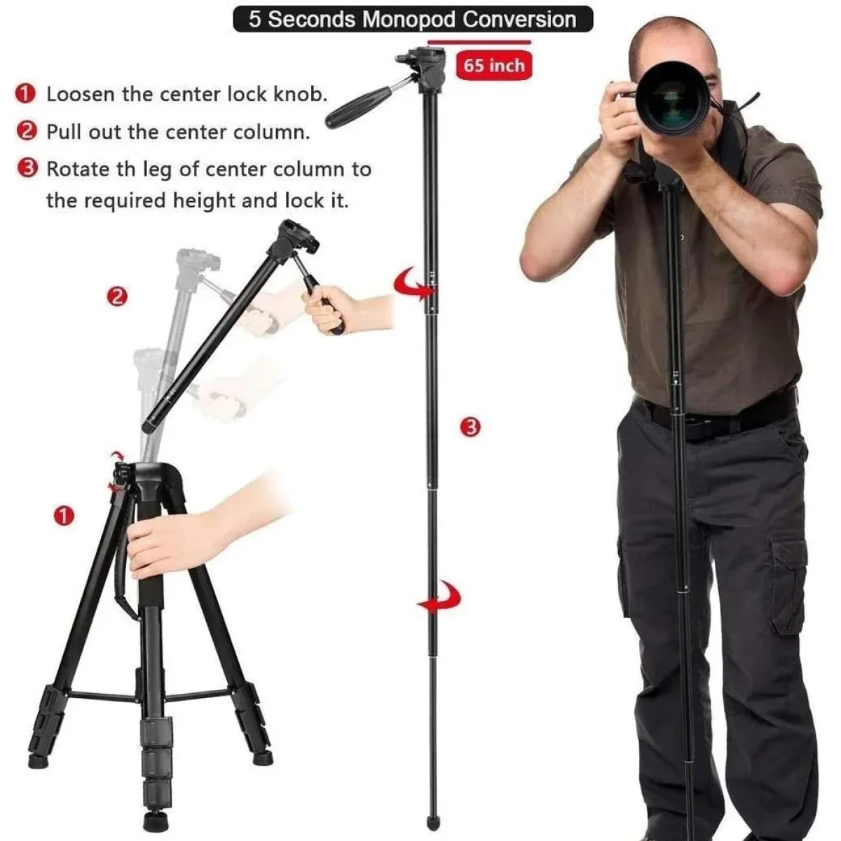 Jmary KP-2254 Professional Aluminum Tripod Monopod for DSLR Cameras, 4 kg Load, 1650 mm - Image 4