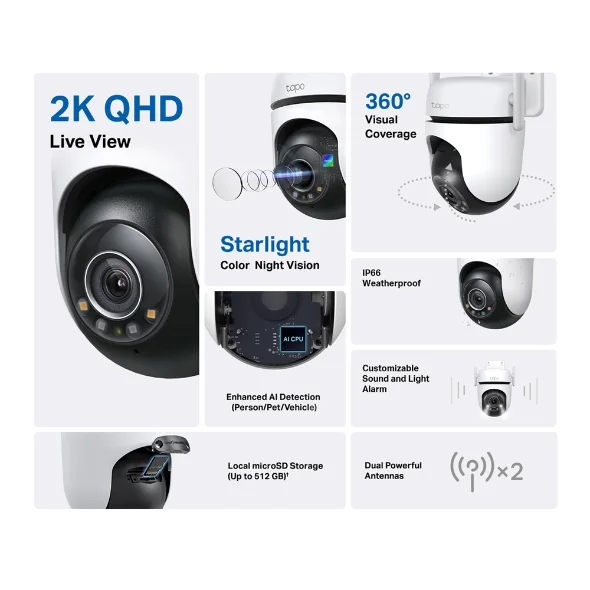كاميرا مراقبة ذكية Wi‑Fi خارجية متحركة Pan & Tilt بدقة 2K QHD 4MP TP-LINK Tapo C520WS - Image 2