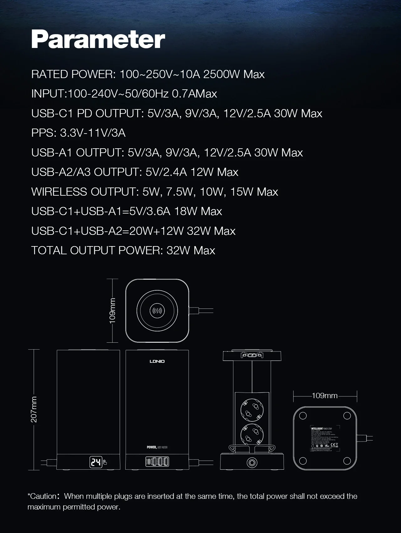LDNIO SEW4485 2500W Tower Power Strip with 4 EU Sockets, 4 USB Ports & 15W Wireless Charger - Thumbnail 21