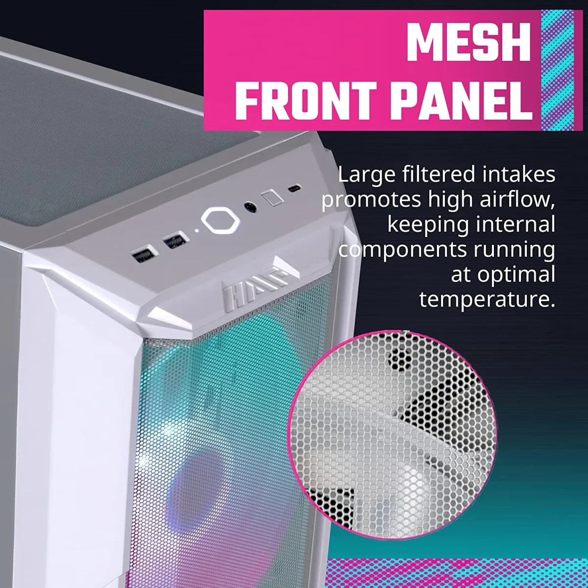 Cooler Master HAF 500 White Edition Mid-Tower PC Case with High Airflow Mesh, ARGB Fans, USB 3.2 Gen 2 Type-C - Thumbnail 6