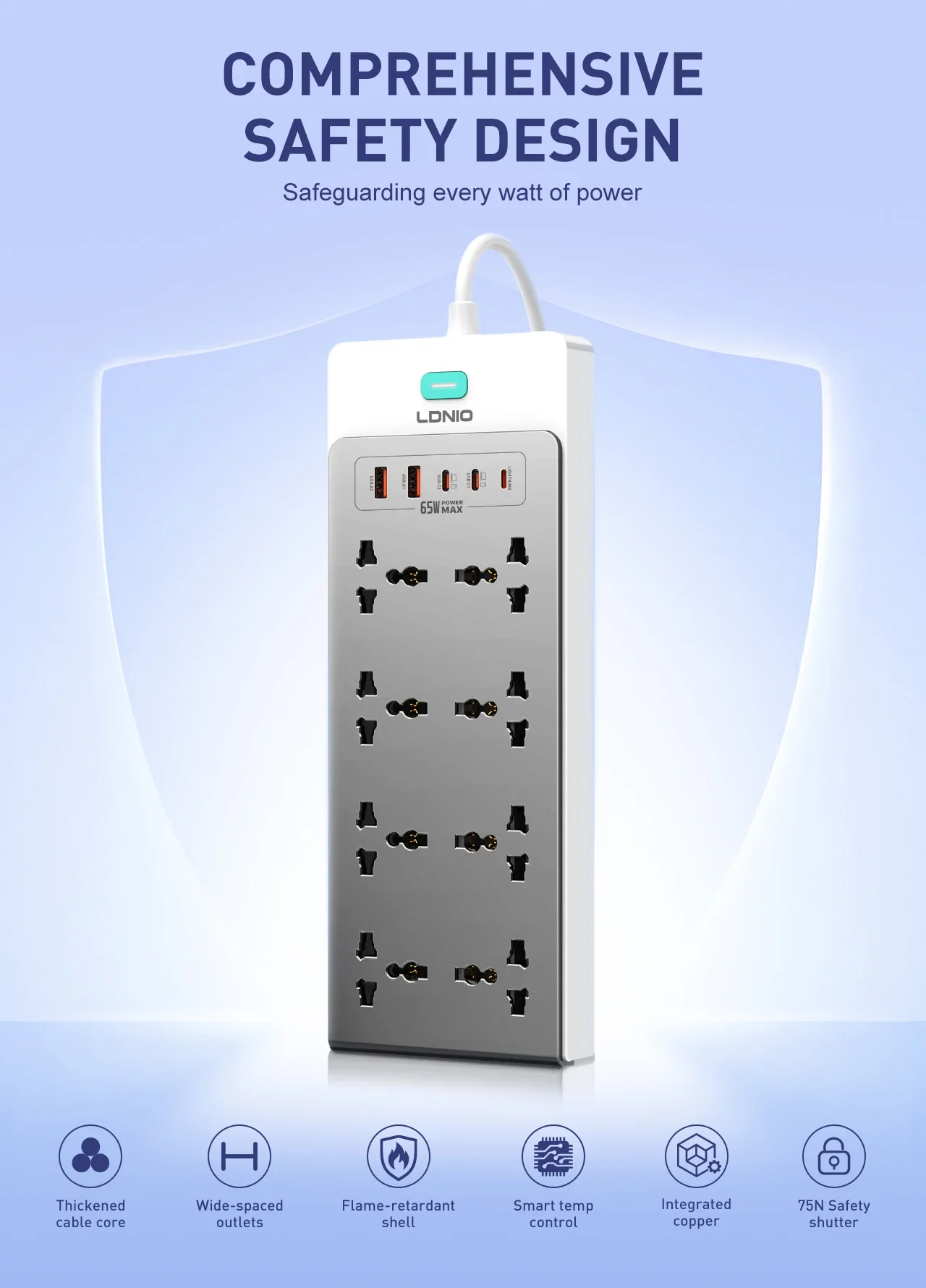 LDNIO SC4 13-in-1 65W GaN PD Power Strip with 8 AC Outlets, 2m Cable - Image 16