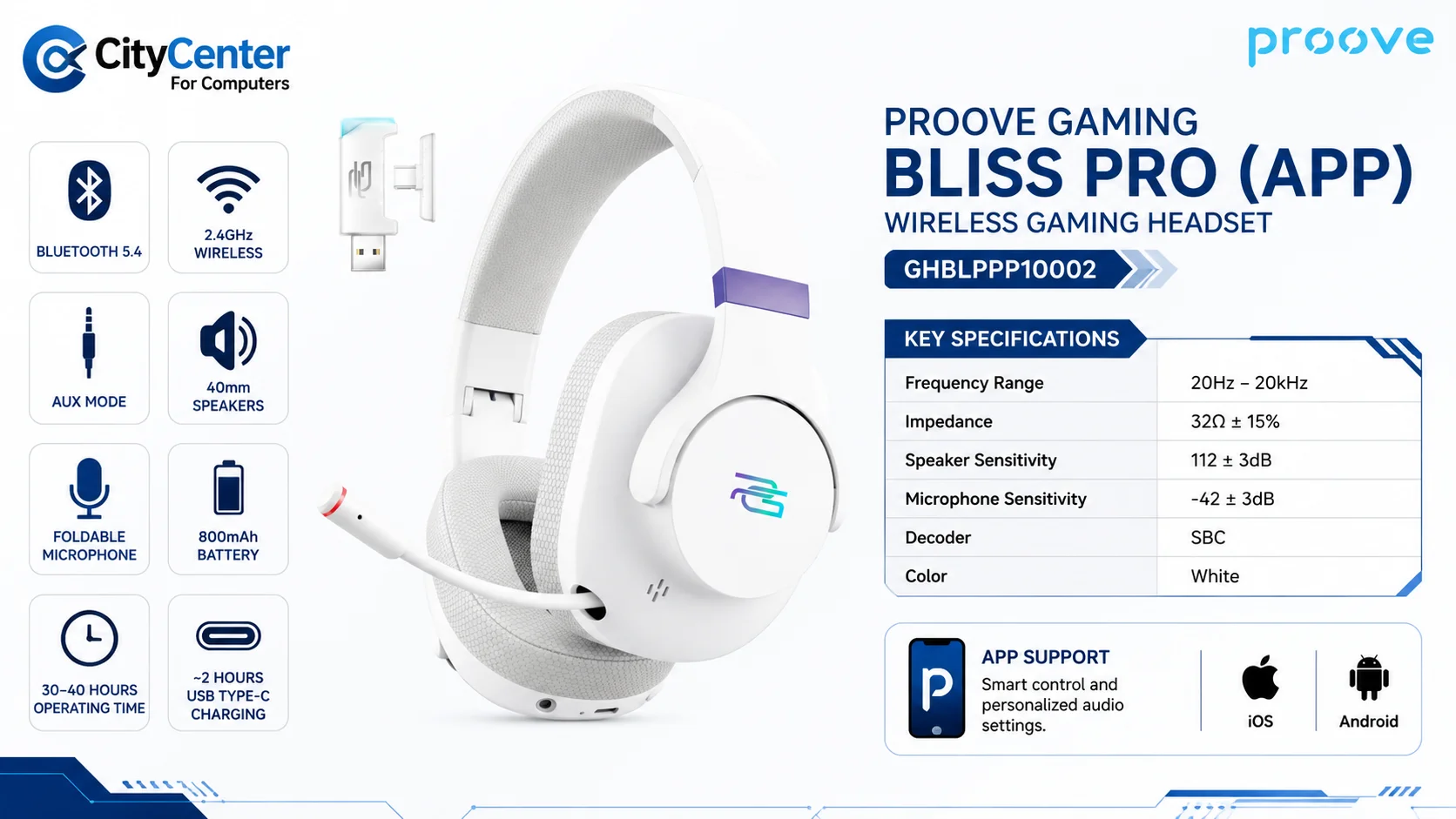 Proove Bliss Pro (APP) Wireless Gaming Headset, White, 2.4GHz, Bluetooth 5.4 & AUX - Thumbnail 5