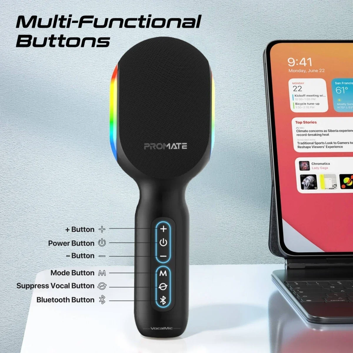 Promate VocalMic 5-in-1 Bluetooth Karaoke Microphone & Speaker with RGB Lights - Black - Thumbnail 3
