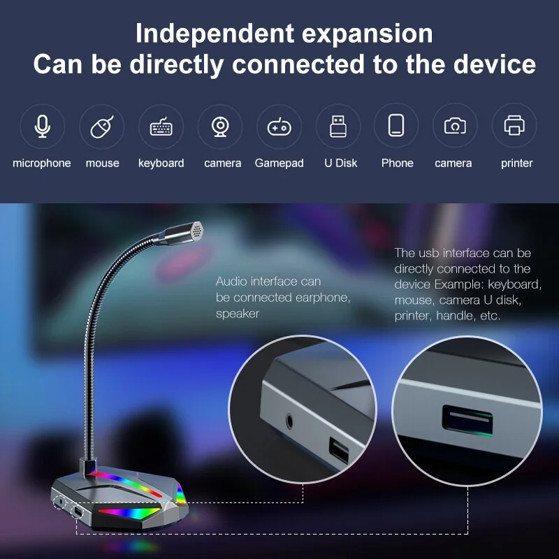 مايكروفون مكتبي H1 USB بإضاءة RGB وموزع USB بثلاثة منافذ ومخرج AUX 3.5 مم - Image 3