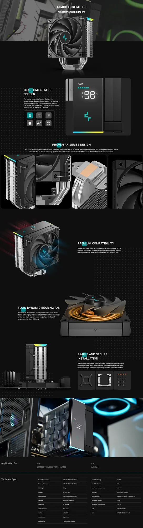 DeepCool AK400 Digital SE CPU Air Cooler with ARGB Digital Display, 4 Heatpipes, 1850 RPM, Black - Image 8