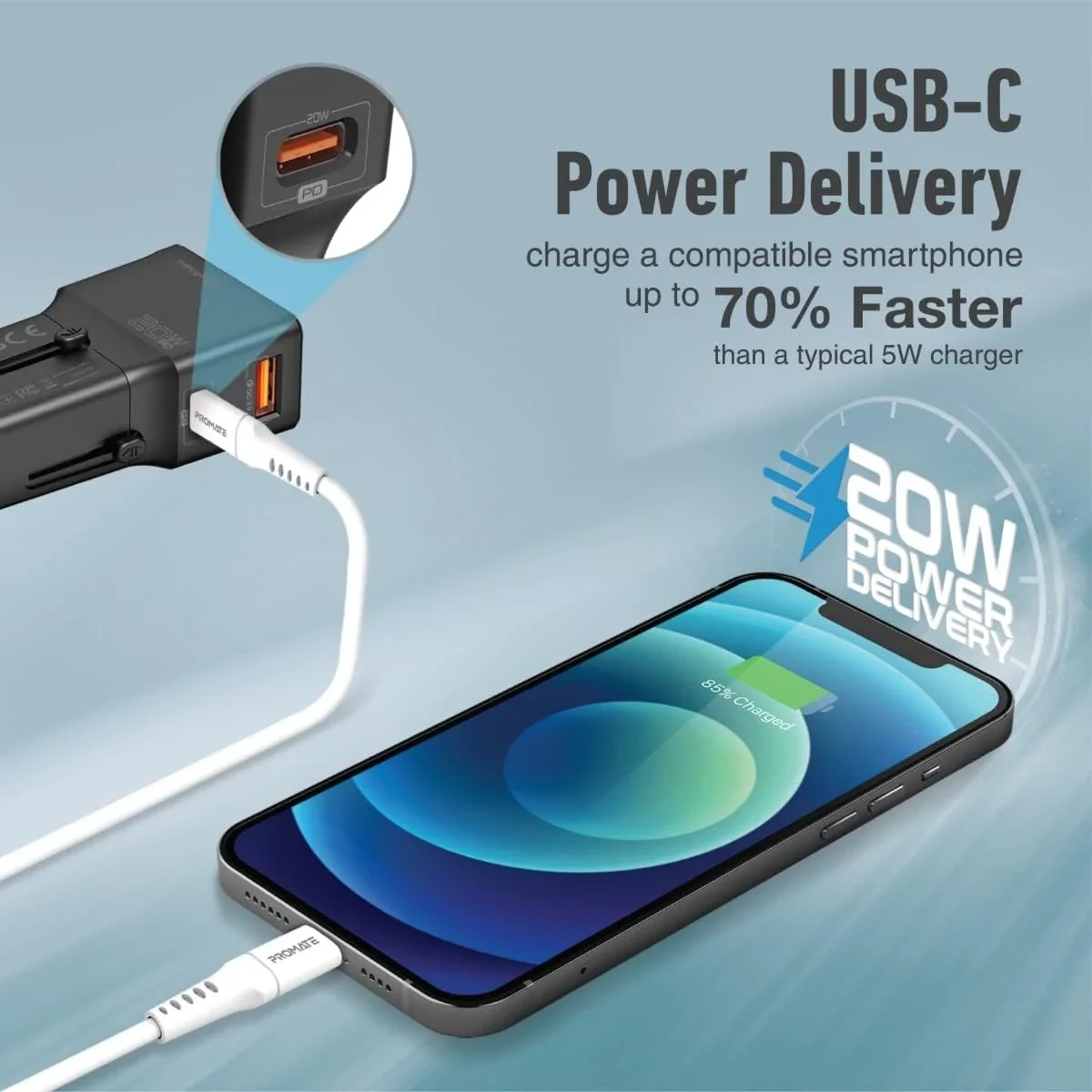 محول سفر عالمي Promate TriPlug-PD20 بقدرة 20 واط مع QC 3.0 ومقبس US/UK/EU/AU - أسود - Image 4