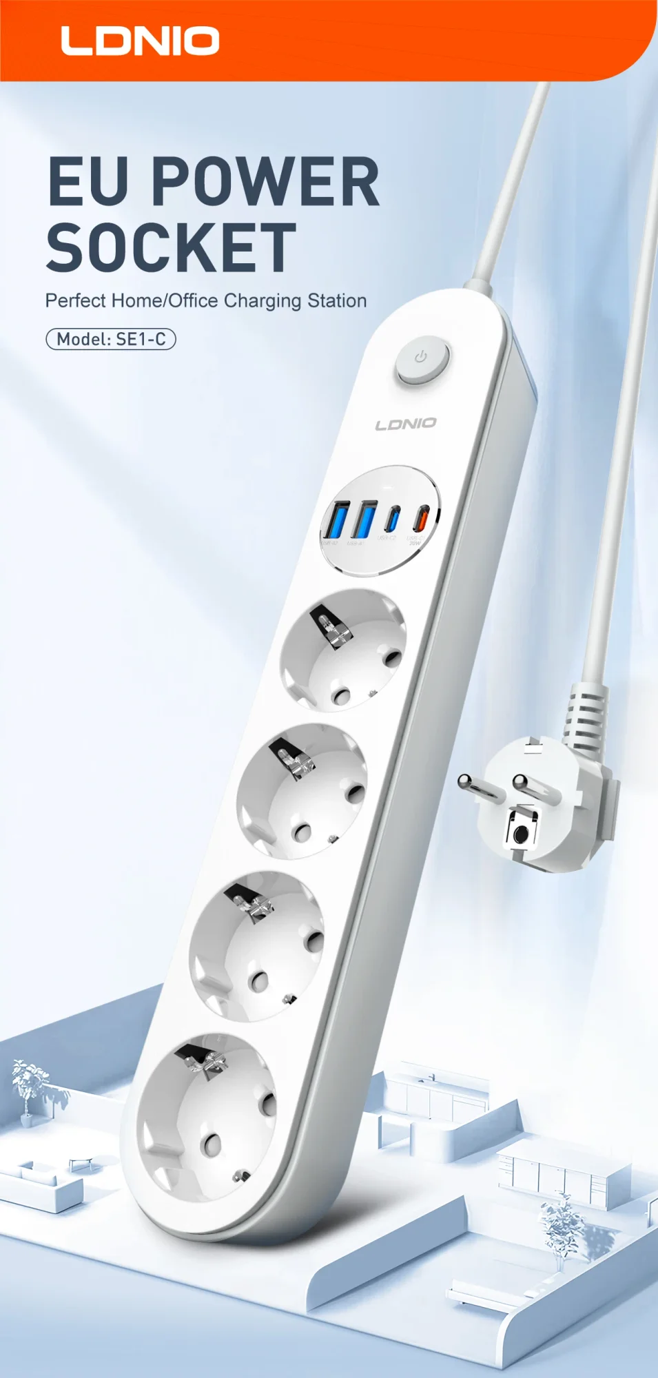 LDNIO SE1-C 20W PD Power Strip with 4 EU Outlets and 4 USB Ports - White - Thumbnail 7