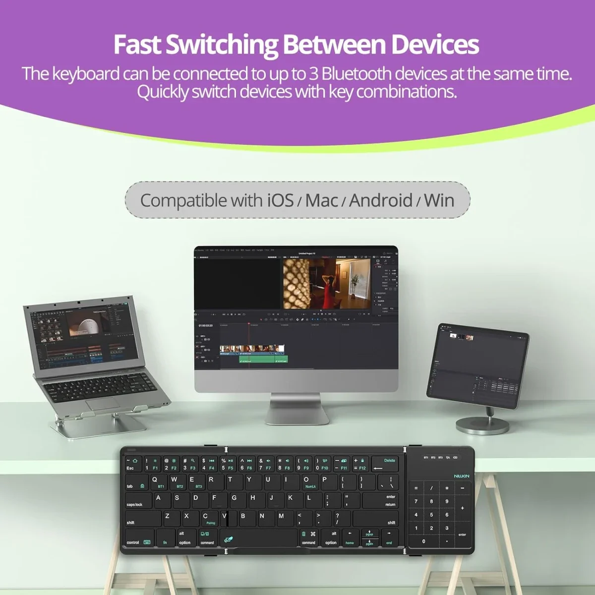 Nillkin Cube Pocket Foldable Bluetooth Keyboard with Touchpad, Arabic/English, Black - Thumbnail 3