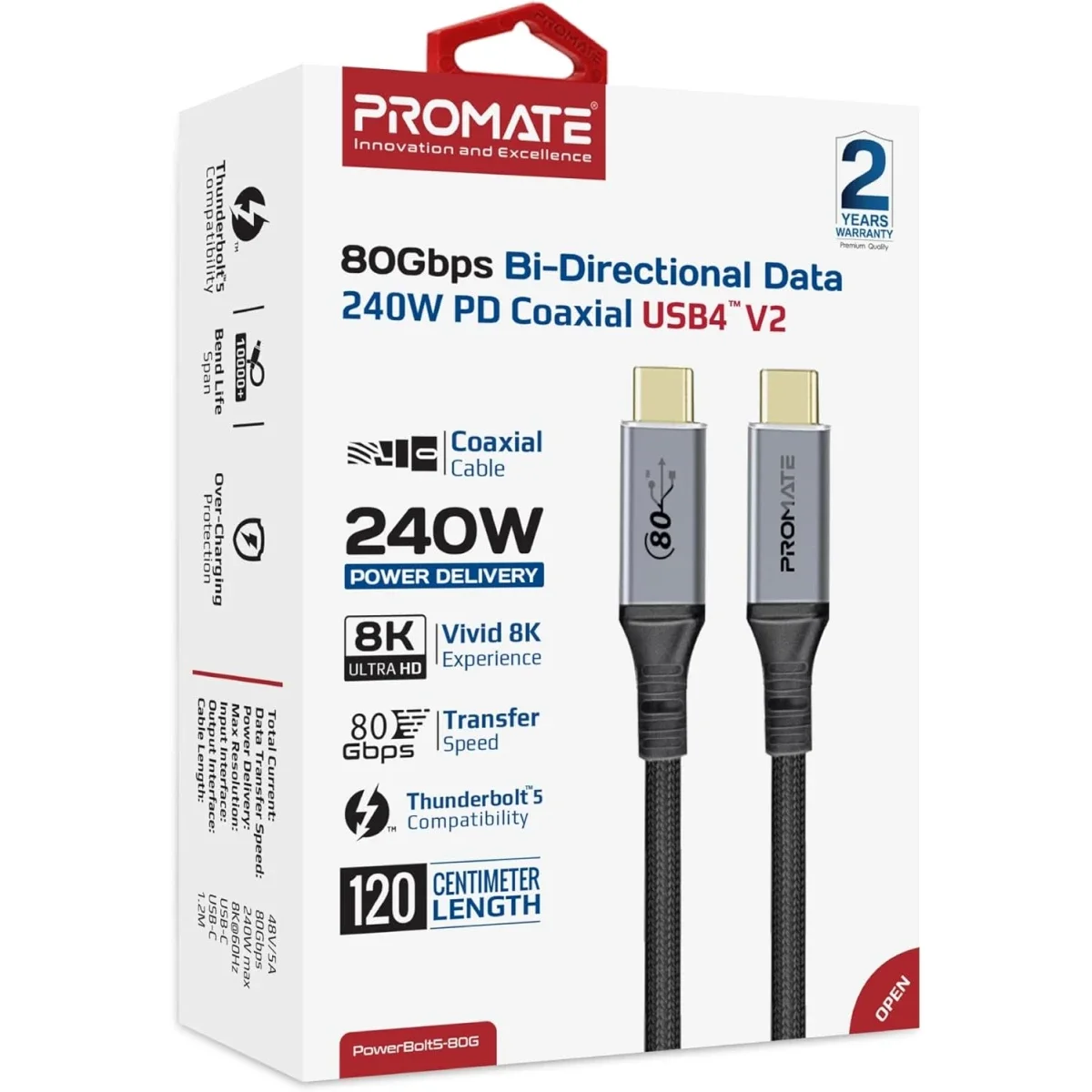 Promate PowerBolt5-80G Thunderbolt 5 USB4 USB-C to USB-C Cable 80Gbps 240W 1.2M Black