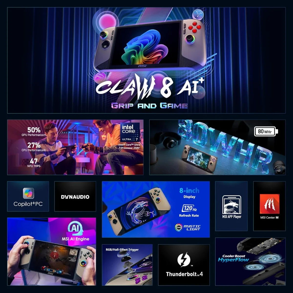 جهاز ألعاب محمول MSI Claw 8 AI+ (2025) A2VM بشاشة لمس 8.0 إنش 120Hz ومعالج Intel Core Ultra 7 258V وذاكرة 32GB وتخزين 512GB SSD لون Sandstorm - Thumbnail 2