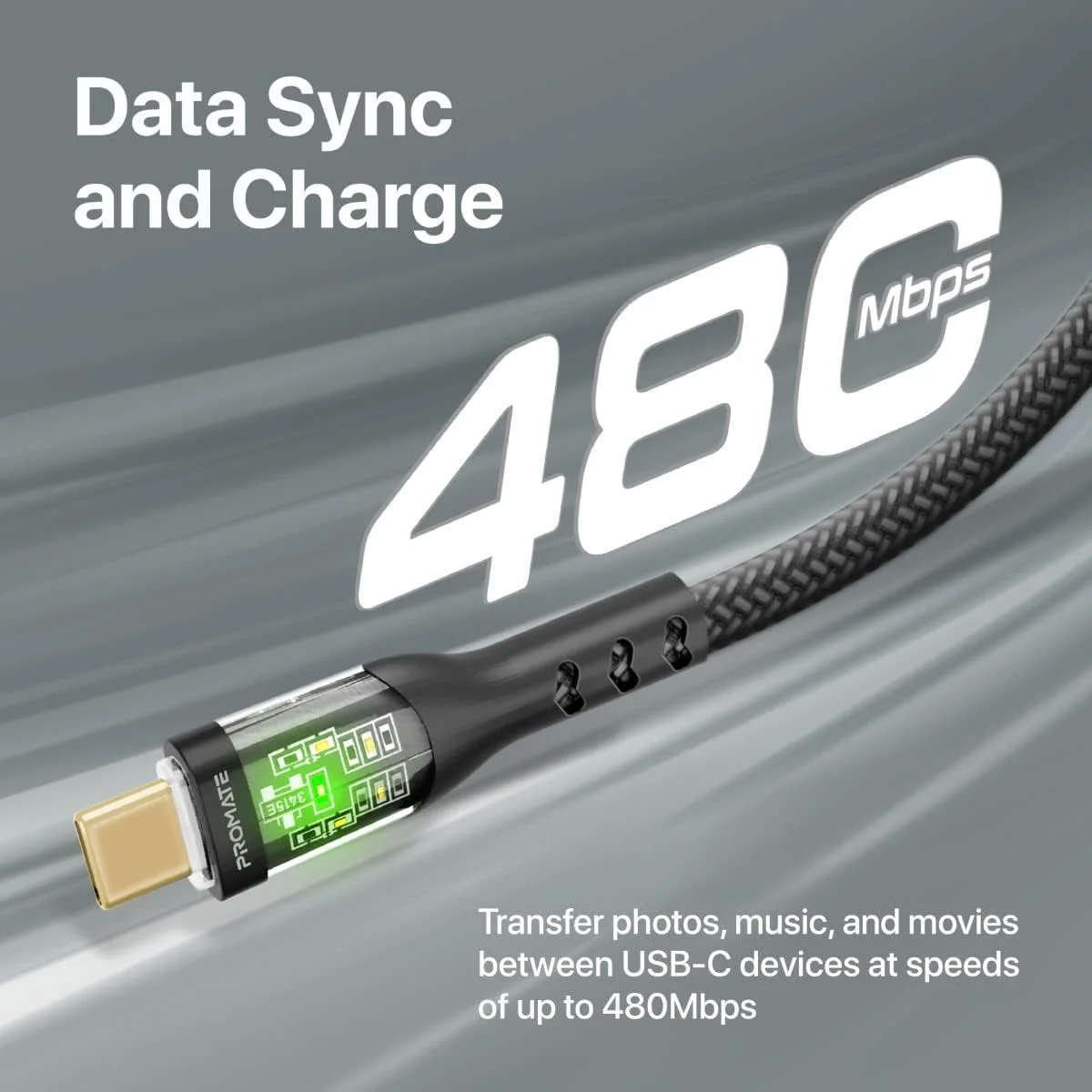 Promate TransLine-CC200 USB-C to USB-C 60W Nylon Braided Cable 2m Blue - Image 4