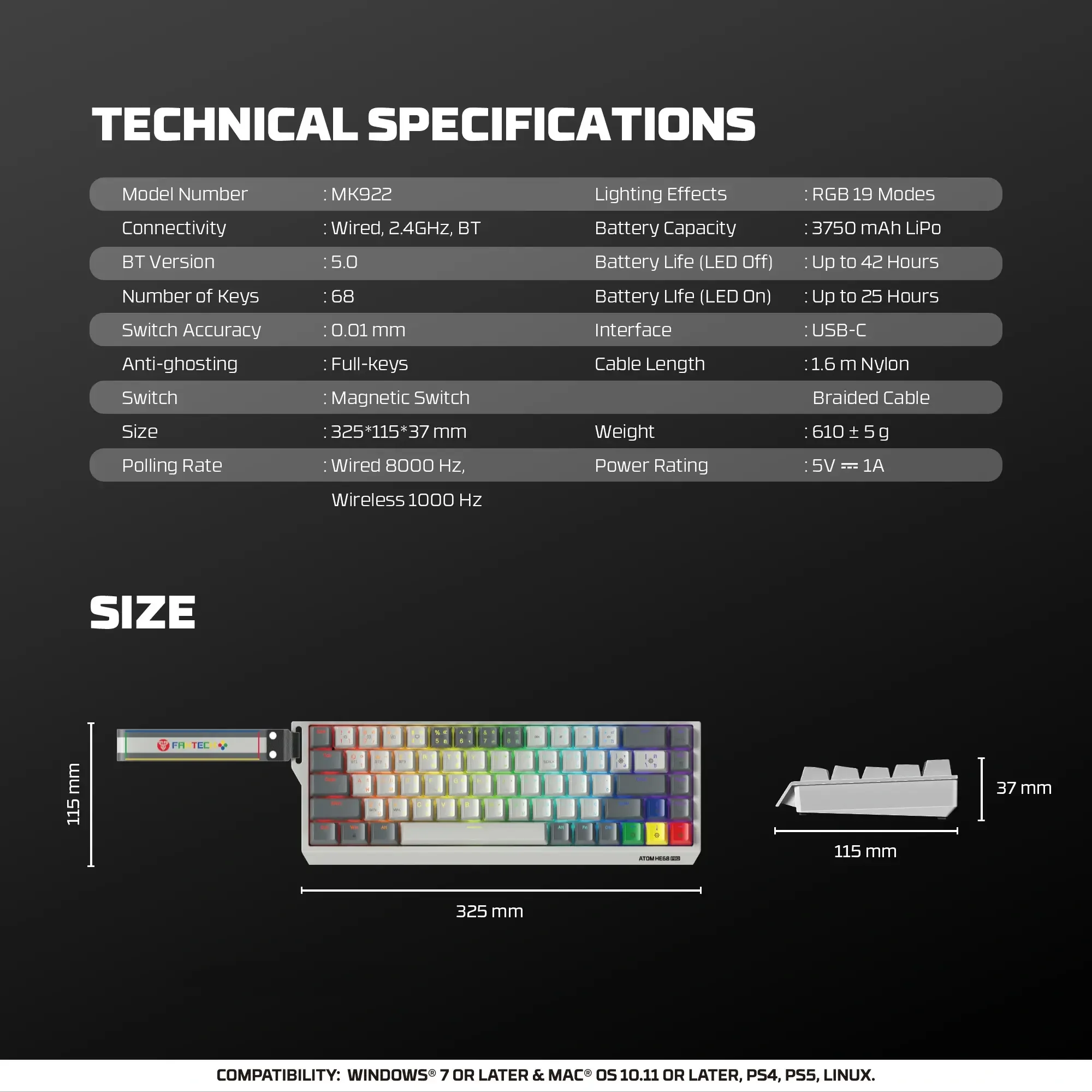 Fantech MK922 ATOM HE68 PRO Wireless Magnetic Gaming Keyboard Super Maxfit Edition Tri-Connection Mode - Image 8