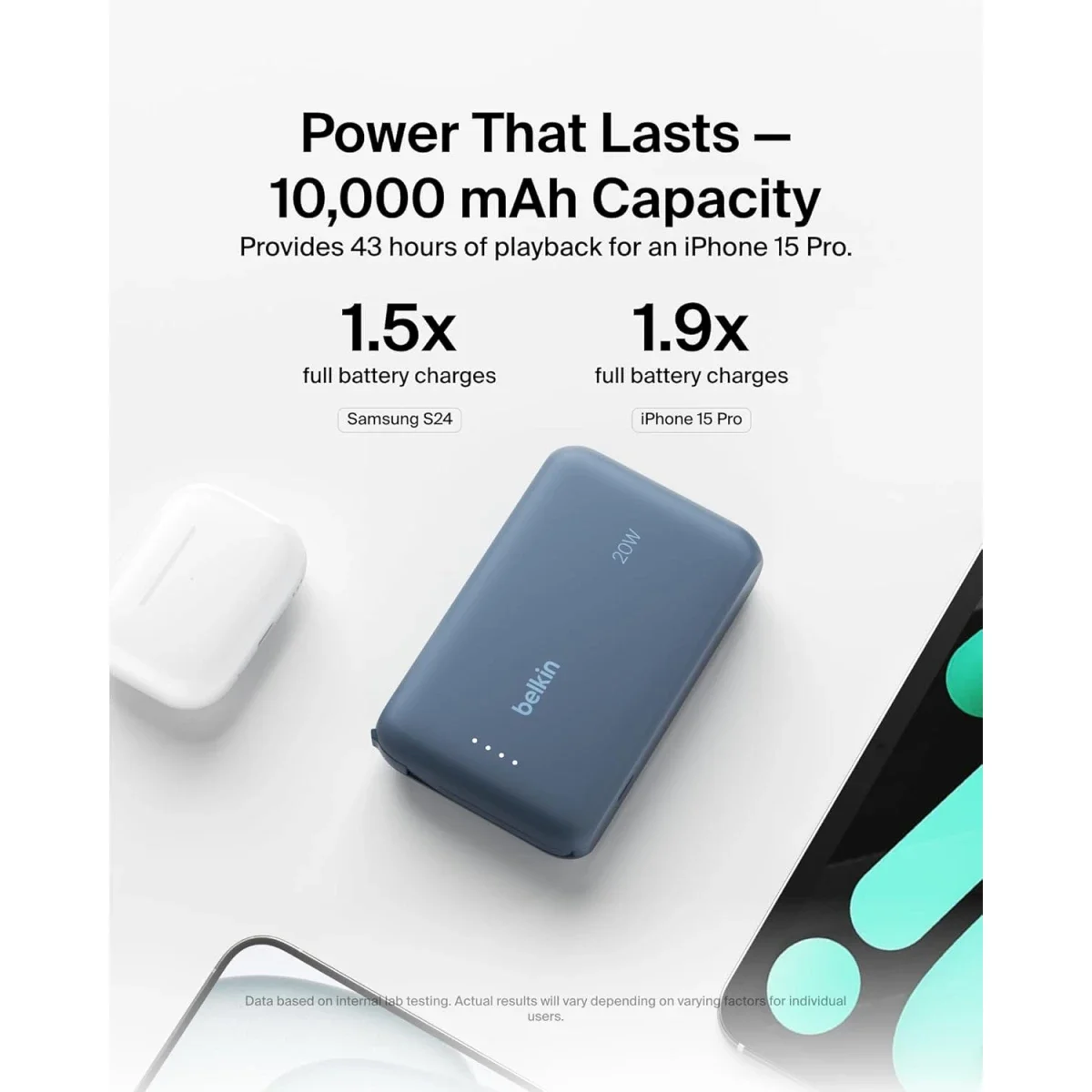 باور بانك Belkin BoostCharge بسعة 10000mAh مع كابل USB-C مدمج وشحن PD بقوة 20W - أزرق - Thumbnail 2