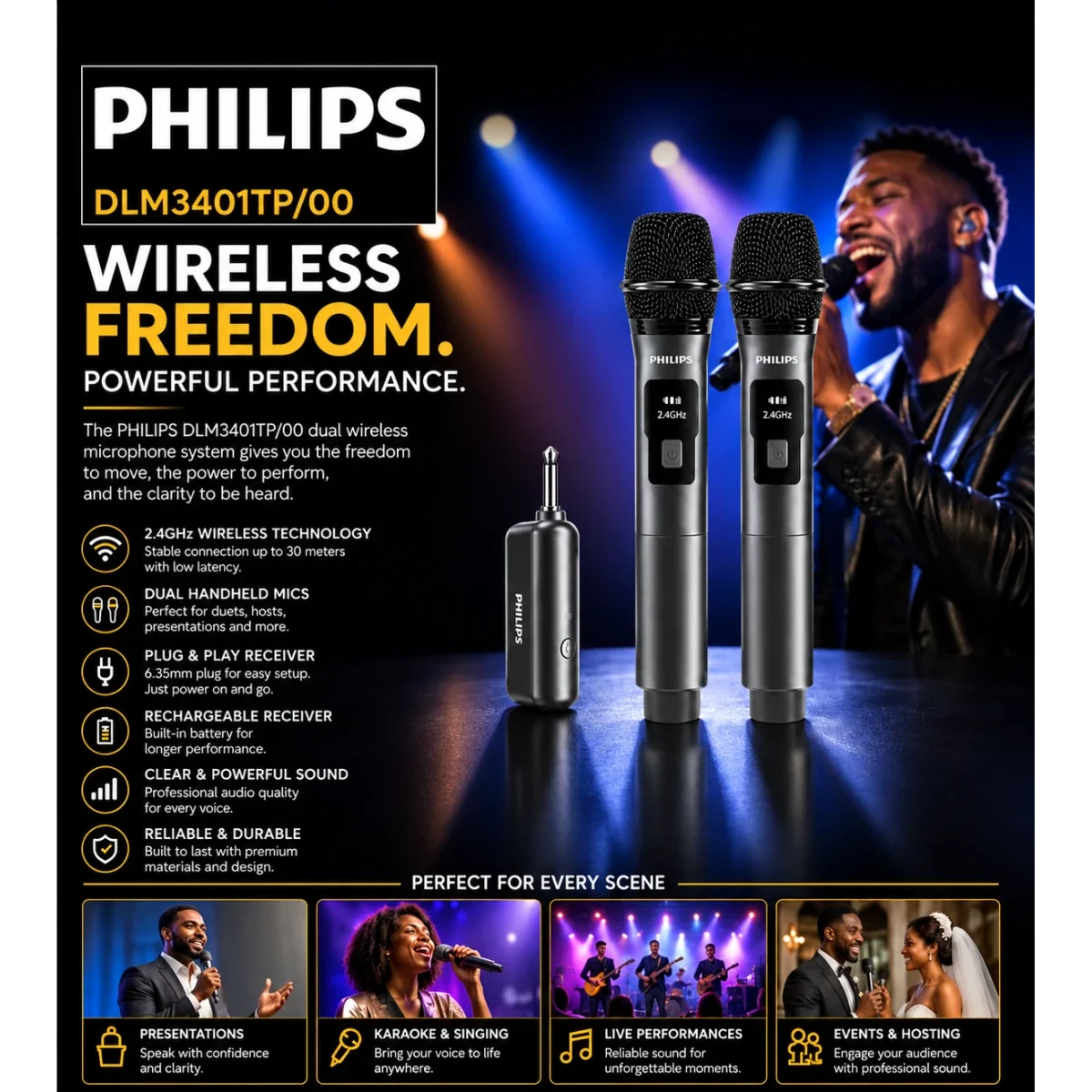 Philips DLM3401TP/00 Dual Wireless Karaoke Microphone Set, 30m Range, 12 Hours - Image 2