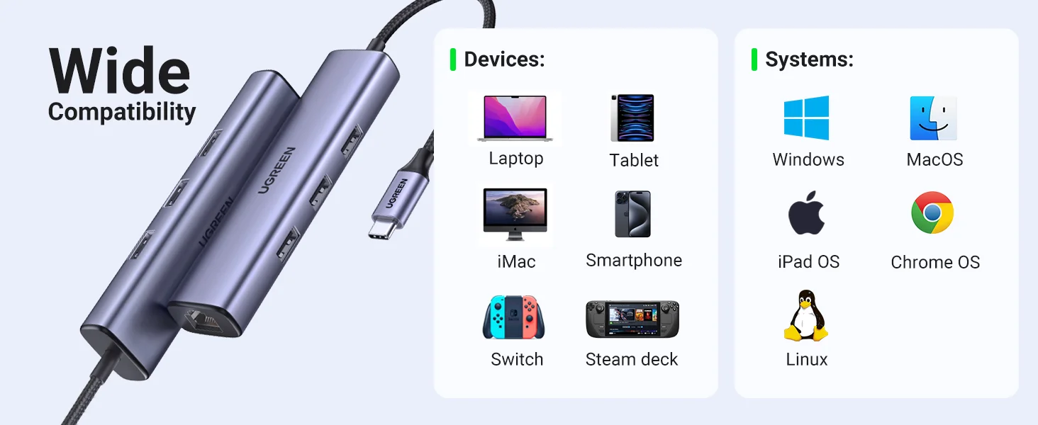 محول Ugreen USB-C إلى إيثرنت 4 في 1 متعدد المنافذ مع RJ45 جيجابت - Thumbnail 8